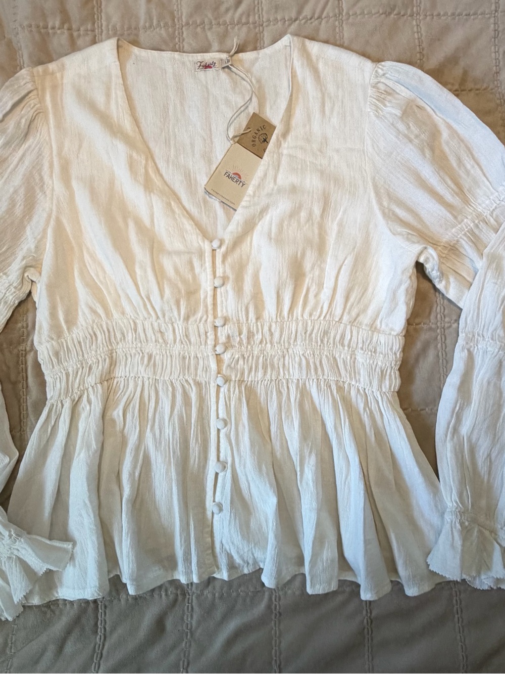 NWT Faherty Women's Cream Button-Front Smocked Waist Peplum Top
